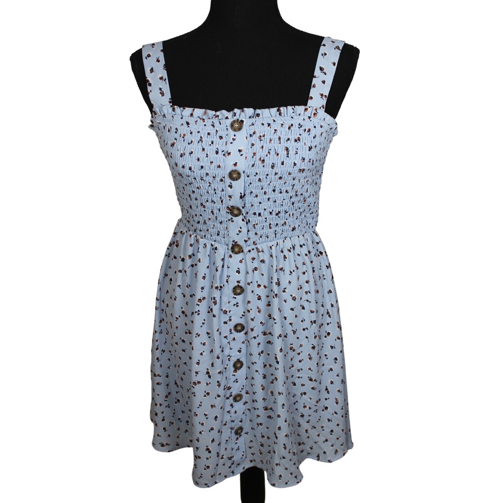 Sienna Sky Blue Floral Smocked‎ Button Front Dress Womens Medium Casual